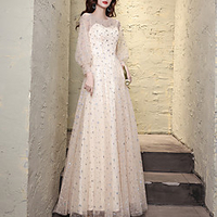 A-Line Glittering Elegant Party Wear Prom Dress Illusion Neck Long Sleeve Floor Length Tulle with Sequin 2021 miniinthebox