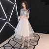 A-Line Glittering Elegant Party Wear Prom Dress Jewel Neck Half Sleeve Tea Length Tulle with Pleats Sequin 2020
