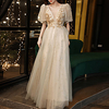 A-Line Glittering Elegant Party Wear Prom Dress V Neck Half Sleeve Floor Length Tulle with Sequin Appliques 2021 miniinthebox