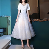 A-Line Glittering Elegant Party Wear Prom Dress V Neck Short Sleeve Tea Length Tulle Stretch Fabric with Beading Sequin 2021 miniinthebox