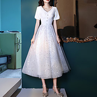 A-Line Glittering Elegant Party Wear Prom Dress V Neck Short Sleeve Tea Length Tulle Stretch Fabric with Beading Sequin 2021 miniinthebox