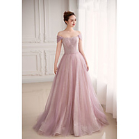 A-Line Glittering Elegant Prom Formal Evening Dress Off Shoulder Short Sleeve Sweep / Brush Train Tulle with Pleats Sequin 2020