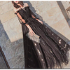 A-Line Glittering Empire Engagement Prom Dress Off Shoulder 3/4 Length Sleeve Floor Length Tulle with Pleats Sequin 2020