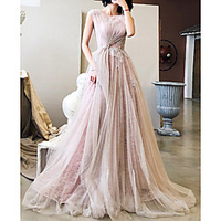 A-Line Glittering Floral Engagement Formal Evening Dress Illusion Neck Sleeveless Sweep / Brush Train Tulle with Pleats Lace Insert 2020