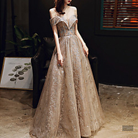 A-Line Glittering Floral Formal Evening Dress Off Shoulder Short Sleeve Floor Length Tulle with Sequin Embroidery 2021 miniinthebox