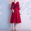 A-Line Glittering Floral Homecoming Cocktail Party Dress V Neck 3/4 Length Sleeve Tea Length Tulle with Pearls Appliques 2020