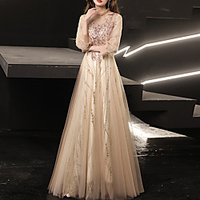 A-Line Glittering Floral Prom Formal Evening Dress High Neck Long Sleeve Floor Length Tulle with Beading Appliques 2021 miniinthebox