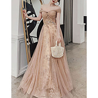 A-Line Glittering Floral Wedding Guest Formal Evening Dress Off Shoulder Sleeveless Floor Length Tulle with Pleats Sequin Appliques 2020