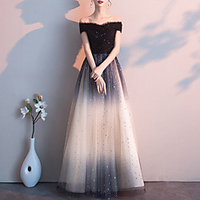A-Line Glittering Gradient Party Wear Formal Evening Dress Off Shoulder Short Sleeve Floor Length Lace Tulle with Sequin 2021 miniinthebox