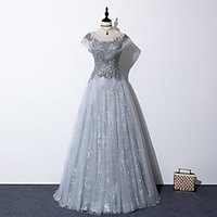 A-Line Glittering Luxurious Engagement Prom Dress Illusion Neck Short Sleeve Floor Length Lace with Pleats Sequin 2020