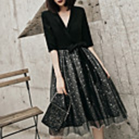 A-Line Glittering Minimalist Homecoming Cocktail Party Dress V Neck Half Sleeve Knee Length Spandex with Sash / Ribbon 2020
