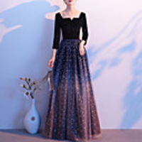 A-Line Glittering Minimalist Wedding Guest Formal Evening Dress Scoop Neck Long Sleeve Floor Length Tulle Velvet with Sequin 2020