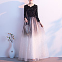 A-Line Glittering Minimalist Wedding Guest Formal Evening Dress V Neck Long Sleeve Floor Length Tulle Velvet with Sequin 2020