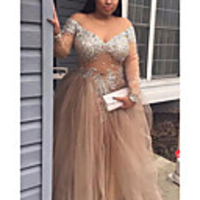 A-Line Glittering Sexy Engagement Formal Evening Dress V Neck Long Sleeve Floor Length Tulle with Sequin 2020