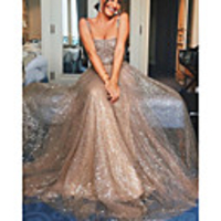 A-Line Glittering Sexy Engagement Prom Dress Scoop Neck Sleeveless Sweep / Brush Train Sequined with Sequin 2020