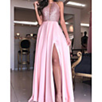 A-Line Glittering Sexy Wedding Guest Prom Dress Halter Neck Sleeveless Floor Length Charmeuse with Sequin Split 2020