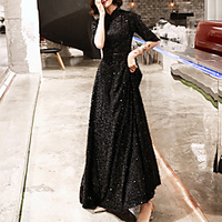 A-Line Glittering Vintage Party Wear Formal Evening Dress High Neck Half Sleeve Floor Length Lace Sequined with Sash / Ribbon Sequin 2021 miniinthebox