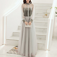 A-Line Glittering Vintage Wedding Guest Formal Evening Dress Stand Collar Long Sleeve Floor Length Tulle Velvet with Sequin 2021 miniinthebox