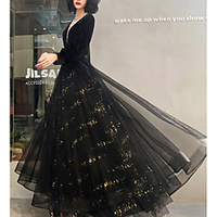 A-Line Glittering Vintage Wedding Guest Formal Evening Dress V Neck Long Sleeve Floor Length Tulle with Pleats Sequin 2020