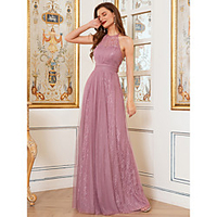 A-Line Halter Neck Floor Length Lace Bridesmaid Dress with Lace miniinthebox