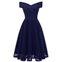 A-Line Hot Blue Holiday Cocktail Party Dress Off Shoulder Short Sleeve Knee Length Lace with Pleats Lace Insert 2020