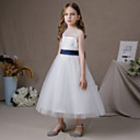 A-Line Jewel Neck Floor Length Lace / Tulle Junior Bridesmaid Dress with Bow(s) / Pleats