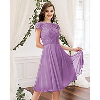 A-Line Jewel Neck Knee Length Chiffon / Lace Bridesmaid Dress with Pleats miniinthebox
