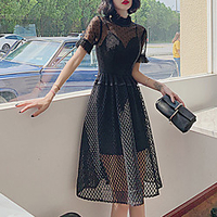 A-Line Little Black Dress Elegant Cocktail Party Prom Dress Jewel Neck Short Sleeve Tea Length Spandex with Overskirt 2021 miniinthebox
