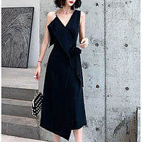 A-Line Little Black Dress Elegant Party Wear Cocktail Party Dress Spaghetti Strap Sleeveless Tea Length Spandex with Bow(s) Split 2020