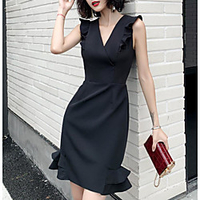 A-Line Little Black Dress Minimalist Party Wear Cocktail Party Dress V Neck Sleeveless Short / Mini Spandex with Ruffles 2020