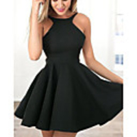 A-Line Little Black Dress Sexy Homecoming Cocktail Party Dress Halter Neck Sleeveless Short / Mini Satin with Pleats 2020