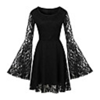 A-Line Little Black Dress Vintage Party Wear Cocktail Party Dress Jewel Neck Long Sleeve Knee Length Lace with Pleats 2020