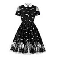 A-Line Little Black Dress Vintage Party Wear Cocktail Party Dress Queen Anne Short Sleeve Knee Length Spandex with Pleats Pattern / Print 2020