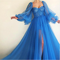 A-Line Luxurious Elegant Engagement Formal Evening Dress Scoop Neck Long Sleeve Sweep / Brush Train Tulle with Pleats Split 2021 miniinthebox