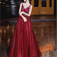 A-Line Luxurious Elegant Engagement Formal Evening Dress Spaghetti Strap Sleeveless Floor Length Tulle with Beading Sequin 2020