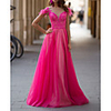 A-Line Luxurious Engagement Prom Dress Illusion Neck Short Sleeve Floor Length Lace Tulle with Tassel 2020