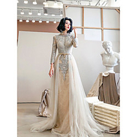 A-Line Luxurious Floral Engagement Formal Evening Dress High Neck Long Sleeve Sweep / Brush Train Lace with Sash / Ribbon Overskirt Appliques 2020 miniinthebox