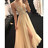 A-Line Luxurious Sexy Engagement Prom Dress V Neck Sleeveless Floor Length Tulle with Split 2020
