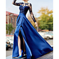 A-Line Luxurious Sexy Wedding Guest Formal Evening Dress Illusion Neck Long Sleeve Floor Length Lace Satin with Split Appliques 2020