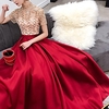 A-Line Luxurious Sparkle Engagement Formal Evening Dress High Neck Short Sleeve Sweep / Brush Train Stretch Satin with Pleats Crystals 2020 miniinthebox