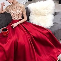 A-Line Luxurious Sparkle Engagement Formal Evening Dress High Neck Short Sleeve Sweep / Brush Train Stretch Satin with Pleats Crystals 2020 miniinthebox