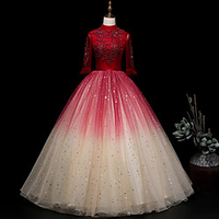 A-Line Luxurious Sparkle Quinceanera Prom Dress Stand Collar 3/4 Length Sleeve Floor Length Tulle with Sequin Embroidery 2020