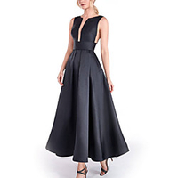 A-Line Minimalist Elegant Engagement Formal Evening Dress Jewel Neck Sleeveless Ankle Length Stretch Satin with Pleats 2020