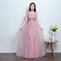 A-Line Minimalist Elegant Engagement Formal Evening Dress Jewel Neck Sleeveless Floor Length Lace with Bow(s) Beading 2020