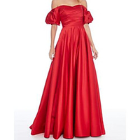 A-Line Minimalist Elegant Engagement Formal Evening Dress Off Shoulder Short Sleeve Sweep / Brush Train Satin with Pleats 2020