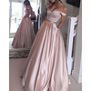 A-Line Minimalist Elegant Engagement Formal Evening Dress Off Shoulder Sleeveless Floor Length Satin with Pleats 2020