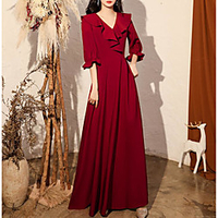 A-Line Minimalist Elegant Engagement Formal Evening Dress V Neck Half Sleeve Floor Length Spandex with Pleats Ruffles 2020