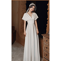 A-Line Minimalist Elegant Engagement Formal Evening Dress V Neck Short Sleeve Floor Length Italy Satin with Lace Insert 2020