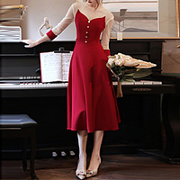 A-Line Minimalist Elegant Engagement Prom Dress Illusion Neck 3/4 Length Sleeve Tea Length Stretch Fabric with Sleek 2021 miniinthebox
