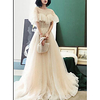A-Line Minimalist Elegant Engagement Prom Dress Illusion Neck Short Sleeve Sweep / Brush Train Tulle with Pleats Lace Insert 2020